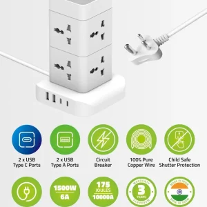 Artis AR-8SS-4USBCB 8 Universal Sockets with 2 USB-A & 2 USB-C Port with Circuit Breaker Surge Protector.